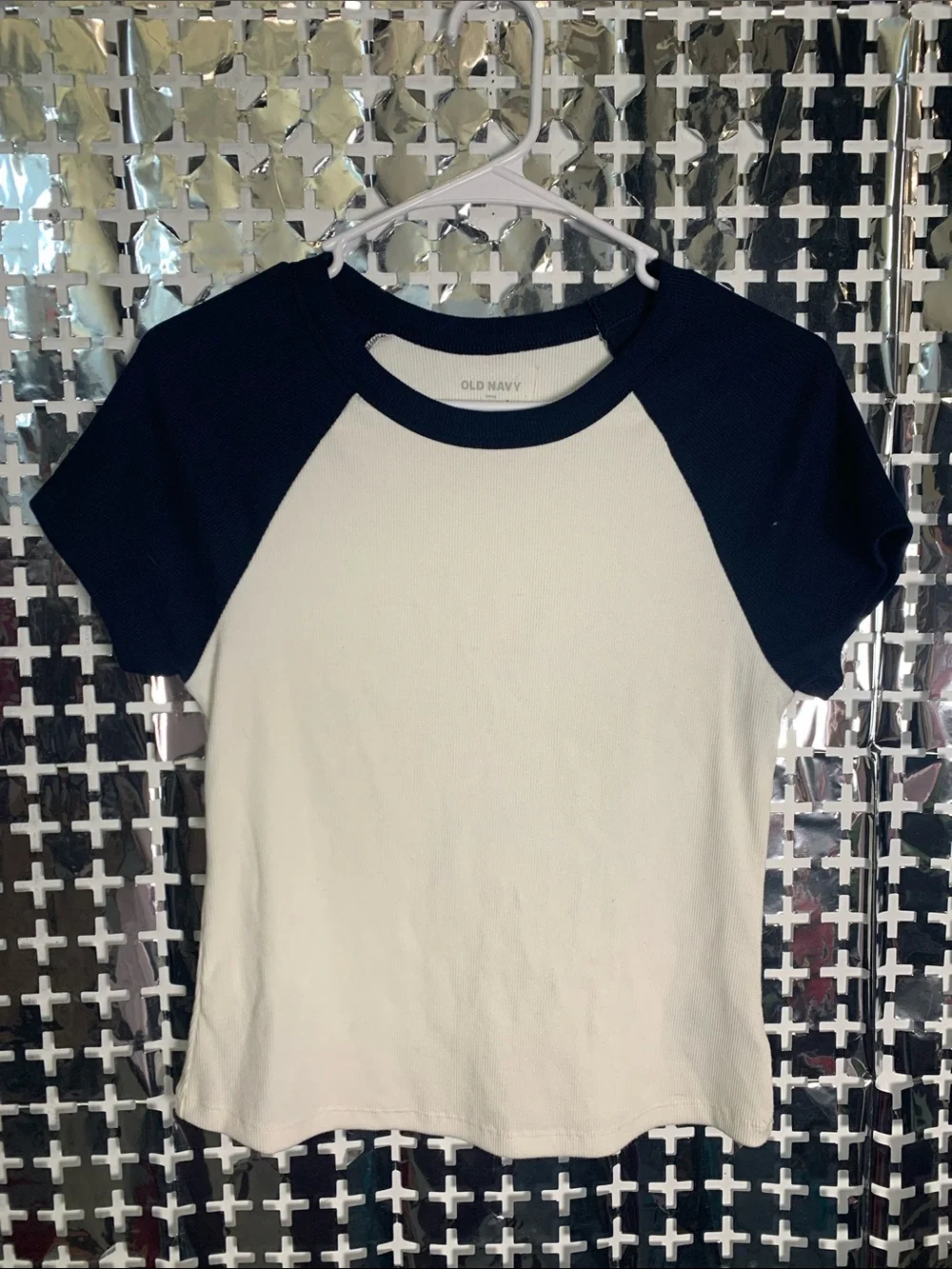 Old Navy White Tee with Navy Raglan Sleeves and Neck Trim